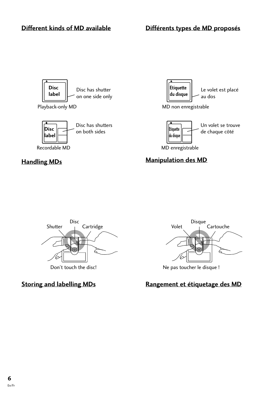 Different kinds of md available, Handling mds, Storing and labelling mds | Différents types de md proposés, Manipulation des md, Rangement et étiquetage des md | Pioneer MJ-L77 User Manual | Page 6 / 100