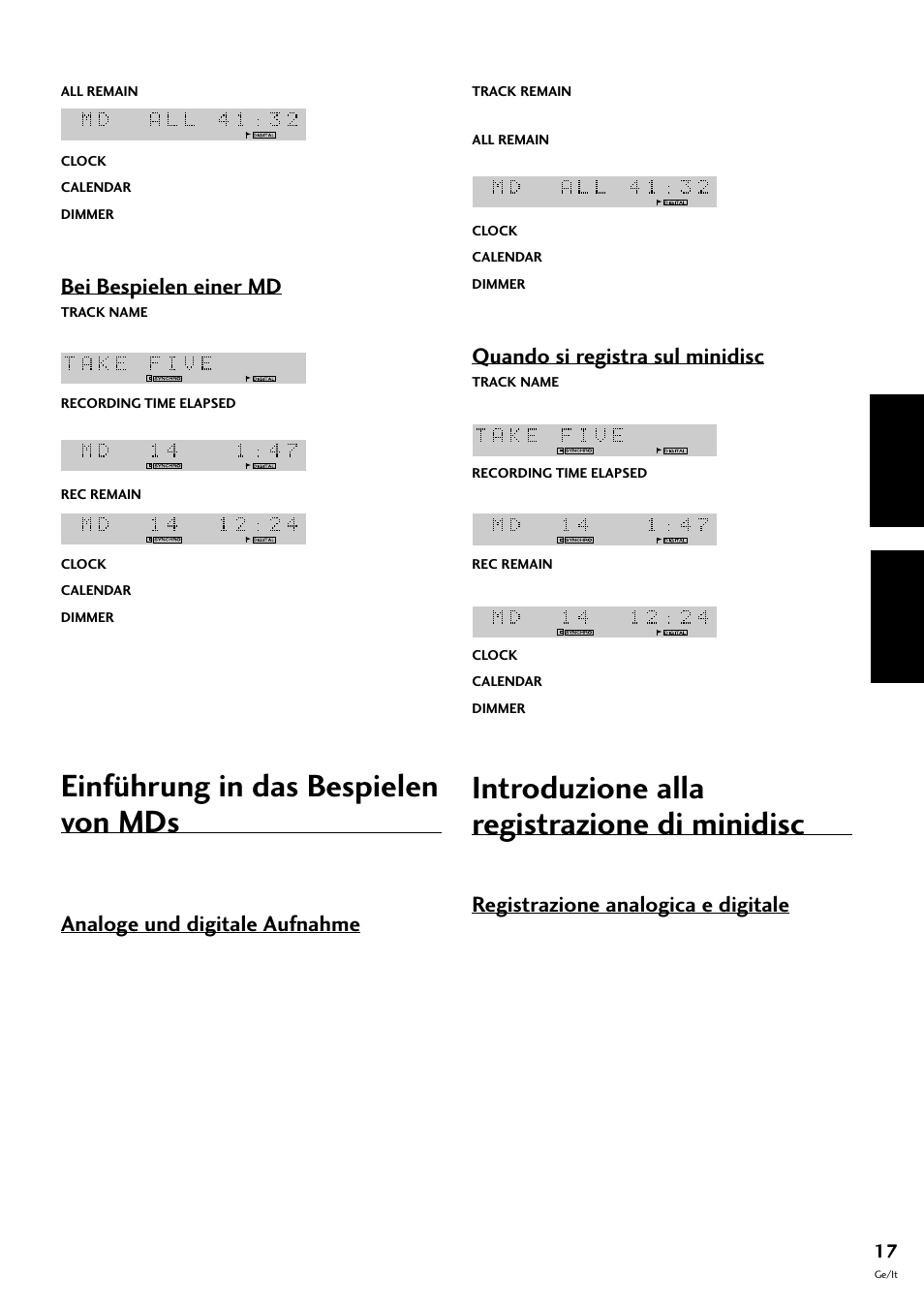 Einführung in das bespielen von mds, Introduzione alla registrazione di minidisc, Deutsch italiano | Analoge und digitale aufnahme, Bei bespielen einer md, Quando si registra sul minidisc, Registrazione analogica e digitale | Pioneer MJ-L77 User Manual | Page 65 / 100