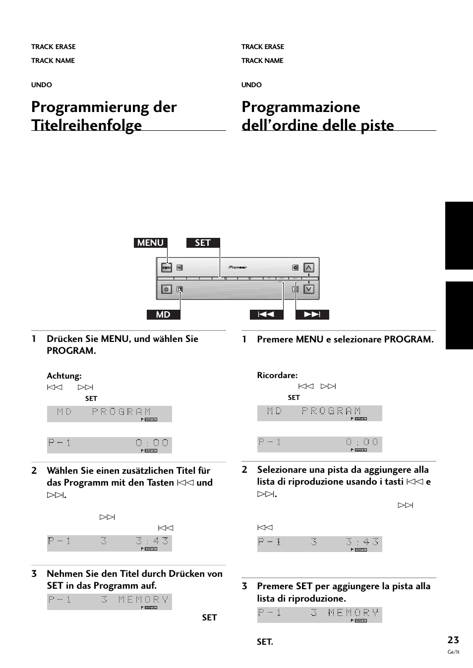 Programmierung der titelreihenfolge, Programmazione dell’ordine delle piste, Deutsch italiano | 1 drücken sie menu, und wählen sie program, 1 premere menu e selezionare program, Menu md set 4 | Pioneer MJ-L77 User Manual | Page 71 / 100