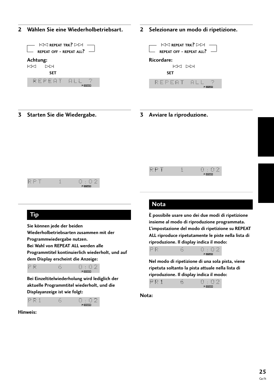 Deutsch italiano, Nota | Pioneer MJ-L77 User Manual | Page 73 / 100