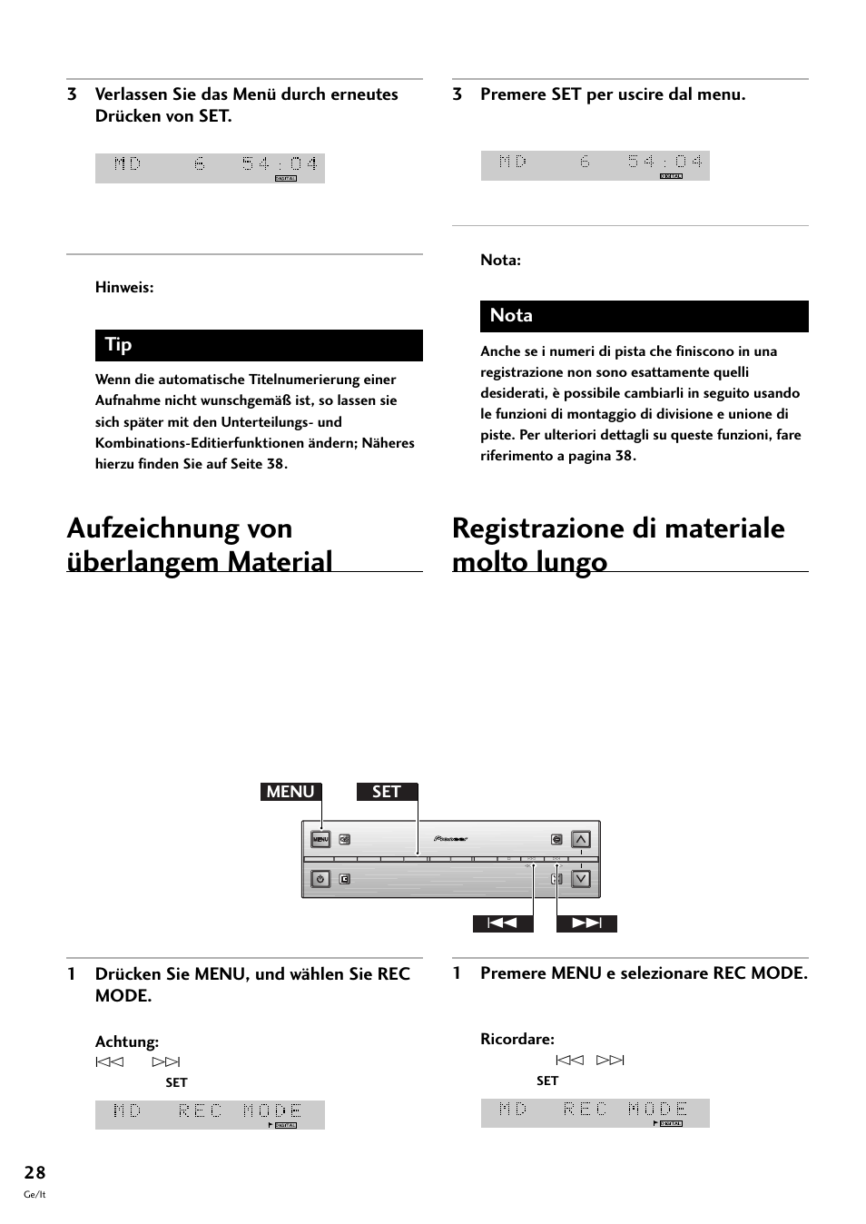 Aufzeichnung von überlangem material, Registrazione di materiale molto lungo, Nota | 1 drücken sie menu, und wählen sie rec mode, 3 premere set per uscire dal menu, 1 premere menu e selezionare rec mode, Menu set 4 | Pioneer MJ-L77 User Manual | Page 76 / 100