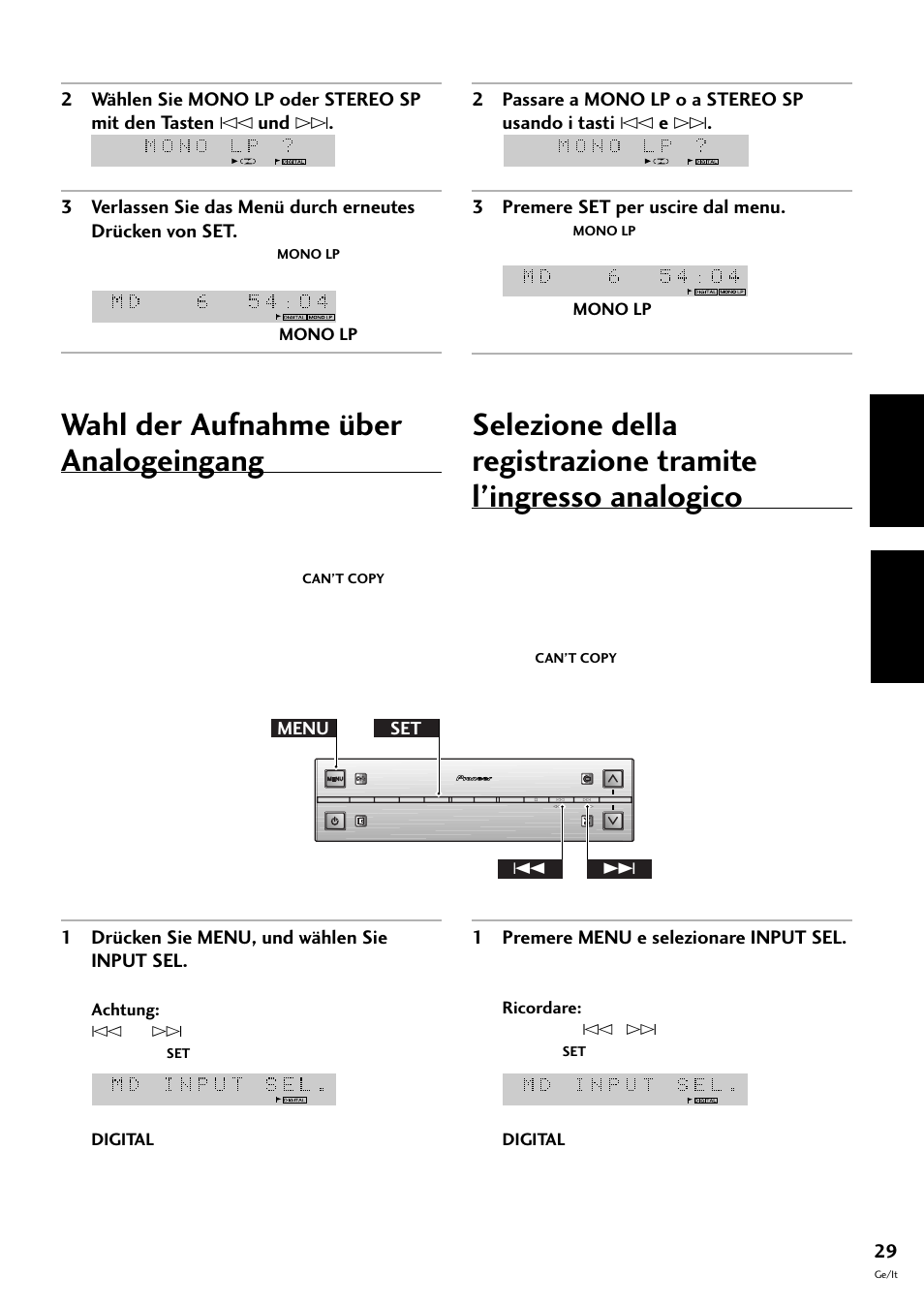 Wahl der aufnahme über analogeingang, Deutsch italiano, 1 drücken sie menu, und wählen sie input sel | 1 premere menu e selezionare input sel, Menu set 4 | Pioneer MJ-L77 User Manual | Page 77 / 100