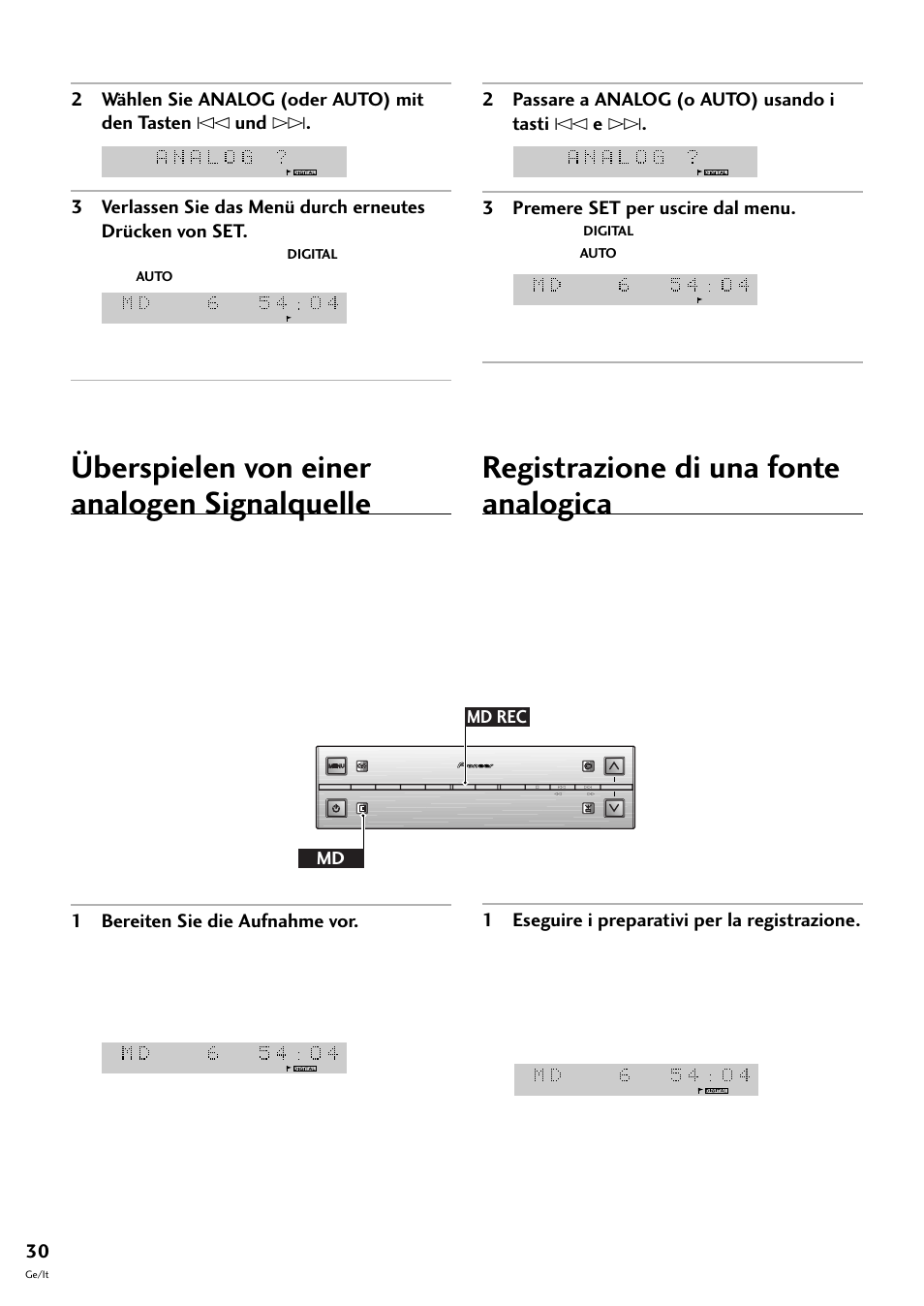 Überspielen von einer analogen signalquelle, Registrazione di una fonte analogica, 1 bereiten sie die aufnahme vor | 1 eseguire i preparativi per la registrazione, Md rec md, Daraufhin erscheint die anzeige, Auf dem display, wenn, Gewählt ist, L’indicatore, Sul display si illumina quando è selezionato | Pioneer MJ-L77 User Manual | Page 78 / 100