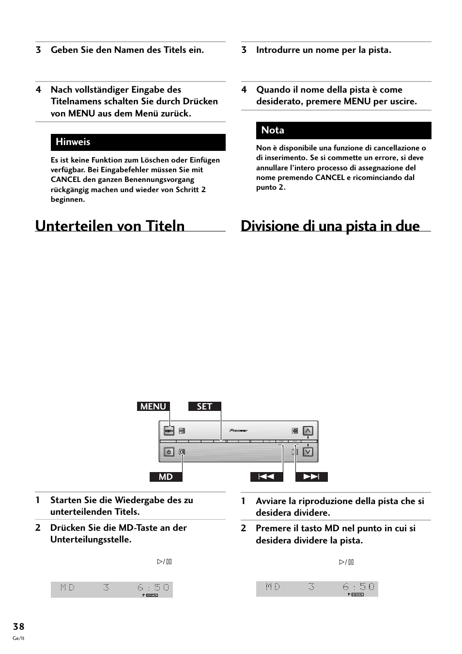 Unterteilen von titeln, Divisione di una pista in due, Hinweis | Nota, 3 geben sie den namen des titels ein, Menu md set 4 | Pioneer MJ-L77 User Manual | Page 86 / 100