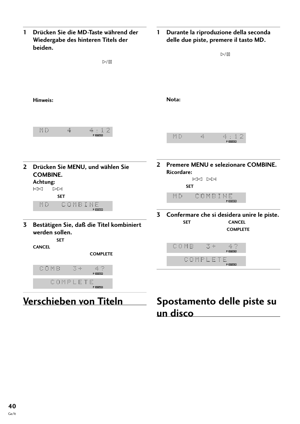 Verschieben von titeln, Spostamento delle piste su un disco | Pioneer MJ-L77 User Manual | Page 88 / 100
