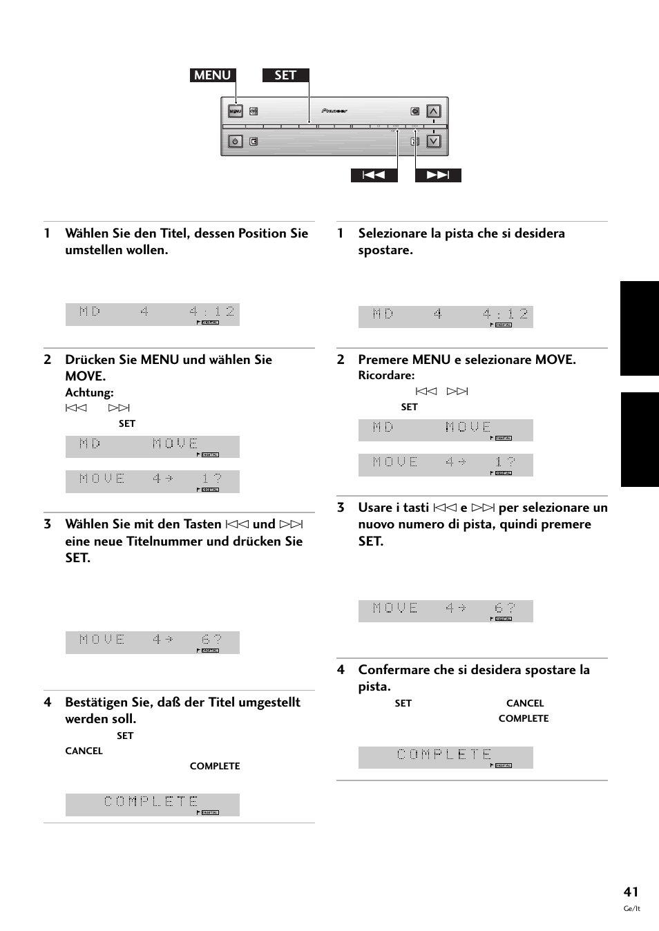 Deutsch italiano, 2 drücken sie menu und wählen sie move, 1 selezionare la pista che si desidera spostare | 2 premere menu e selezionare move, 4 confermare che si desidera spostare la pista, Menu set 4 | Pioneer MJ-L77 User Manual | Page 89 / 100