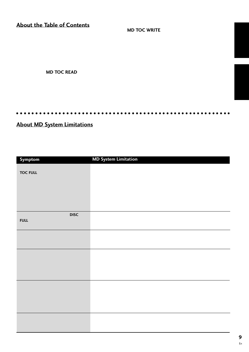 English français, About the table of contents, About md system limitations | Pioneer MJ-L77 User Manual | Page 9 / 100
