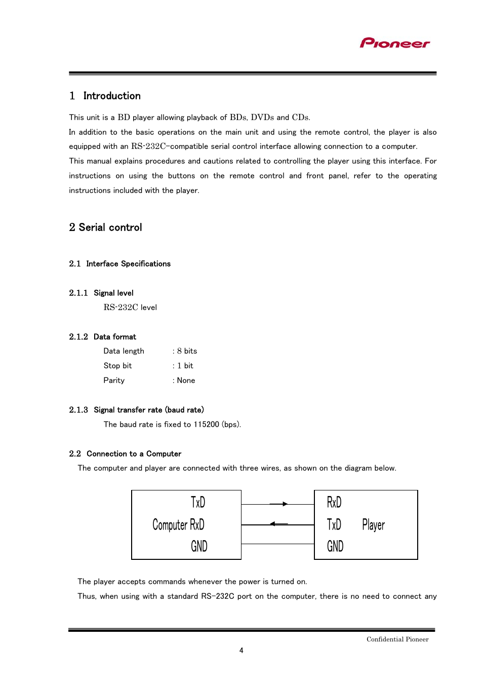 Computer rxd, Player, 1 introduction | 2 serial control | Pioneer BDP-LX91 User Manual | Page 4 / 15