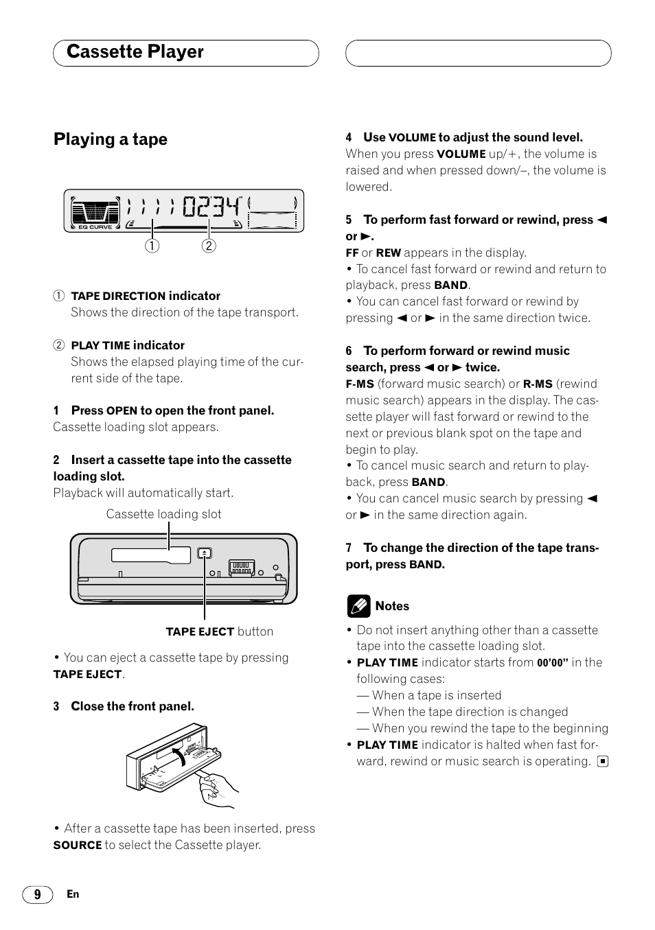 Cassette player, Playing a tape 9, Playing a tape | Pioneer KEH-P4025 User Manual | Page 10 / 41