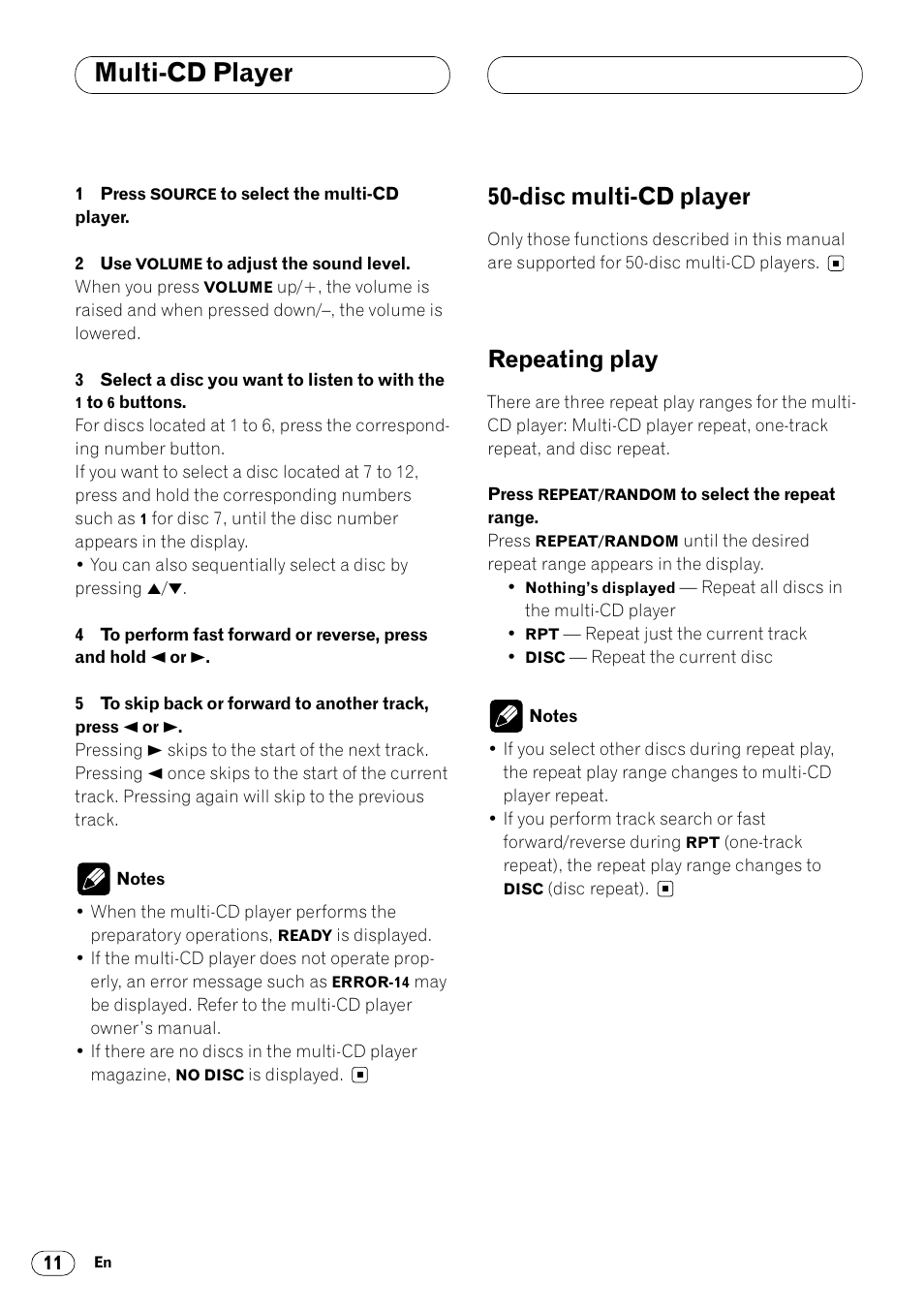 Disc multi-cd player 11 repeating play 11, Multi-cd player, Disc multi-cd player | Repeating play | Pioneer KEH-P4025 User Manual | Page 12 / 41