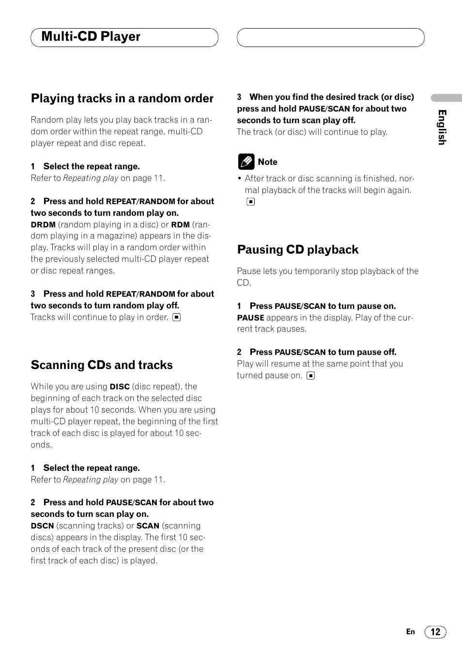 Multi-cd player, Playing tracks in a random order, Scanning cds and tracks | Pausing cd playback | Pioneer KEH-P4025 User Manual | Page 13 / 41