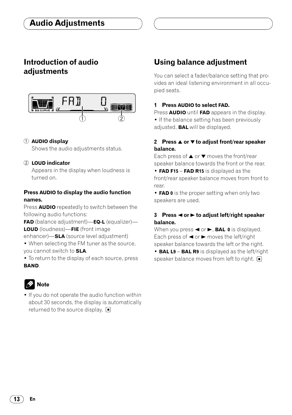 Audio adjustments, Introduction of audio adjustments, Using balance adjustment | Pioneer KEH-P4025 User Manual | Page 14 / 41