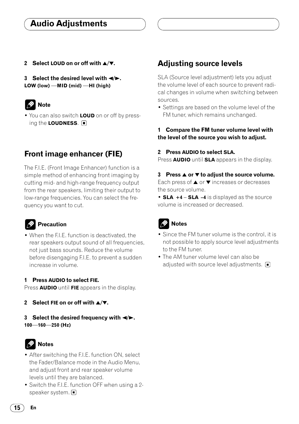Audio adjustments, Front image enhancer (fie), Adjusting source levels | Pioneer KEH-P4025 User Manual | Page 16 / 41