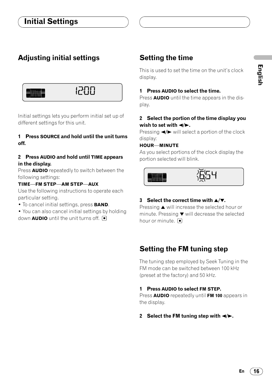 Initial settings, Adjusting initial settings, Setting the time | Setting the fm tuning step | Pioneer KEH-P4025 User Manual | Page 17 / 41