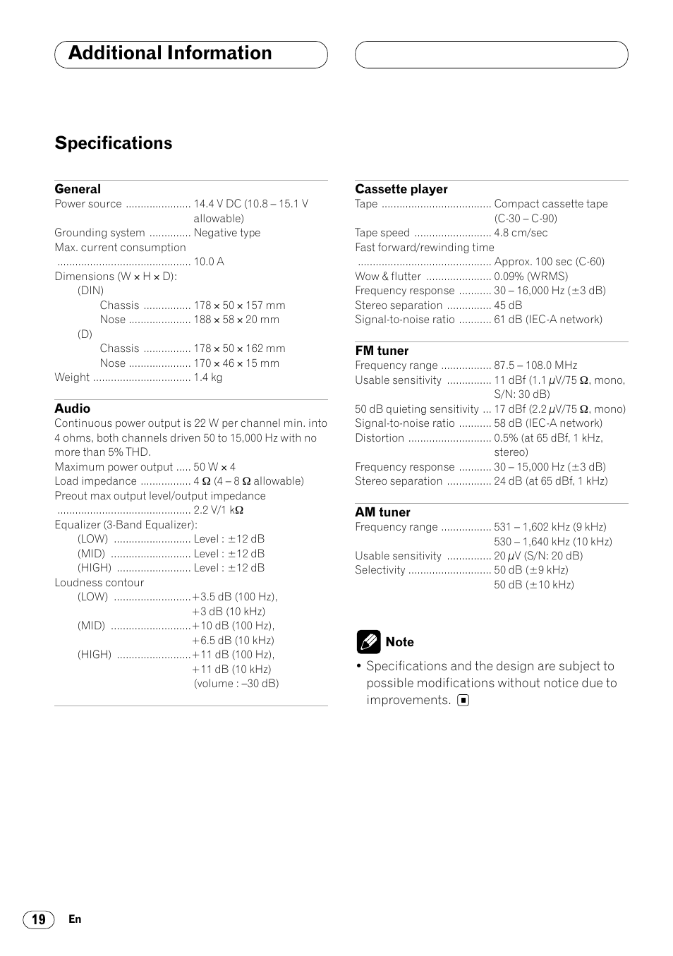 Specifications 19, Additional information, Specifications | Pioneer KEH-P4025 User Manual | Page 20 / 41