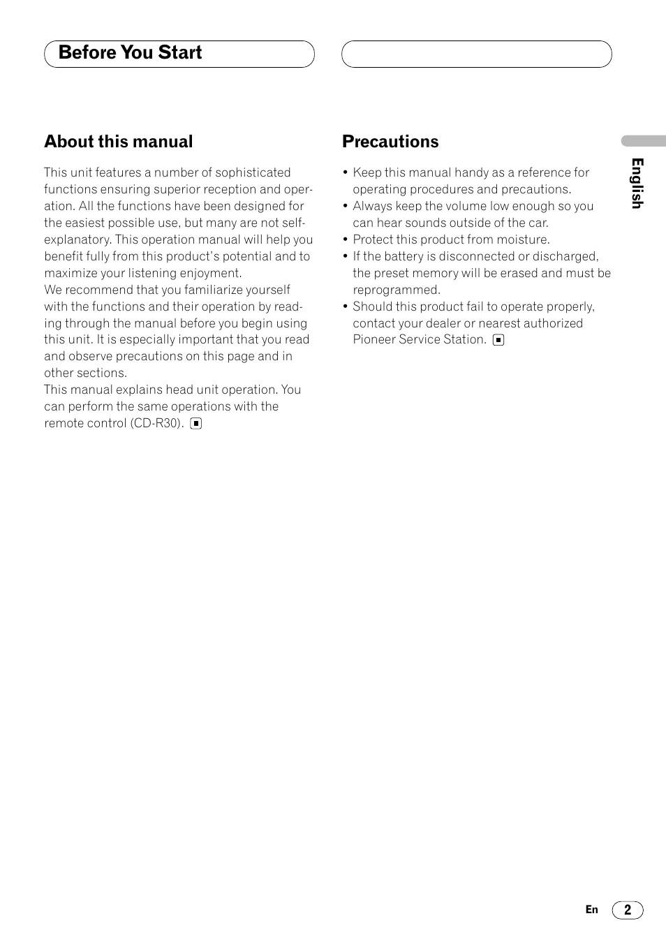 Before you start, About this manual 2 precautions 2, About this manual | Precautions | Pioneer KEH-P4025 User Manual | Page 3 / 41
