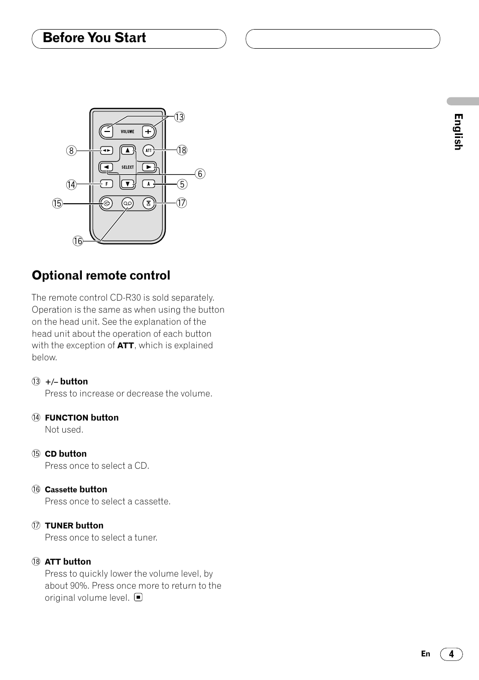 Optional remote control 4, Before you start, Optional remote control | Pioneer KEH-P4025 User Manual | Page 5 / 41