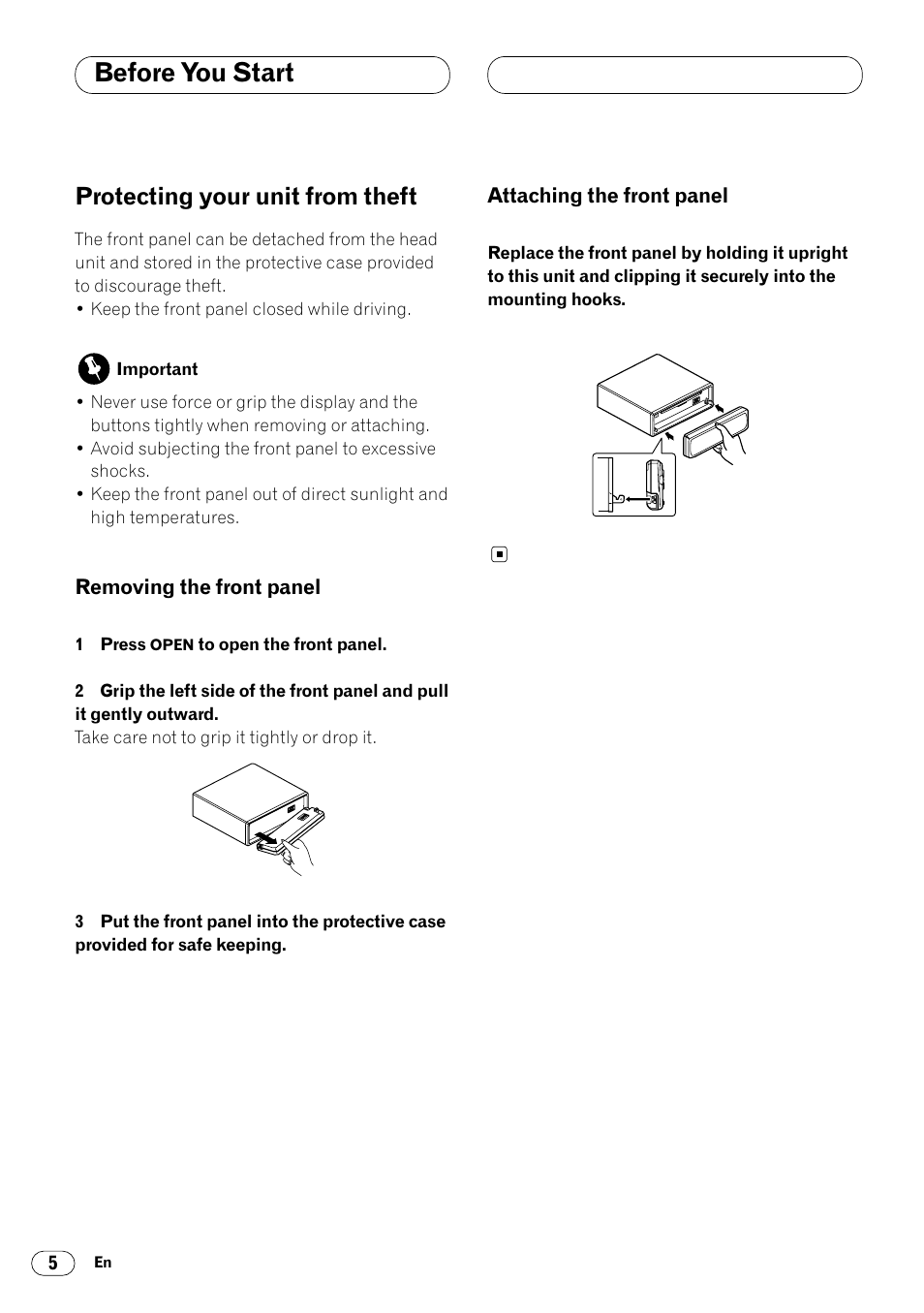 Protecting your unit from theft 5, Before you start, Protecting your unit from theft | Pioneer KEH-P4025 User Manual | Page 6 / 41
