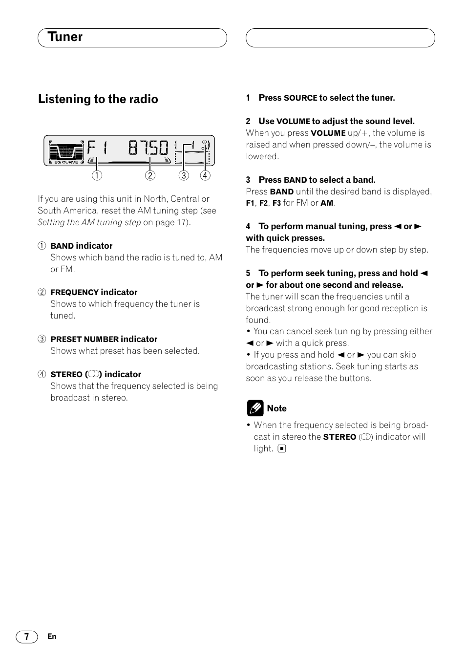 Tuner, Listening to the radio 7, Listening to the radio | Pioneer KEH-P4025 User Manual | Page 8 / 41