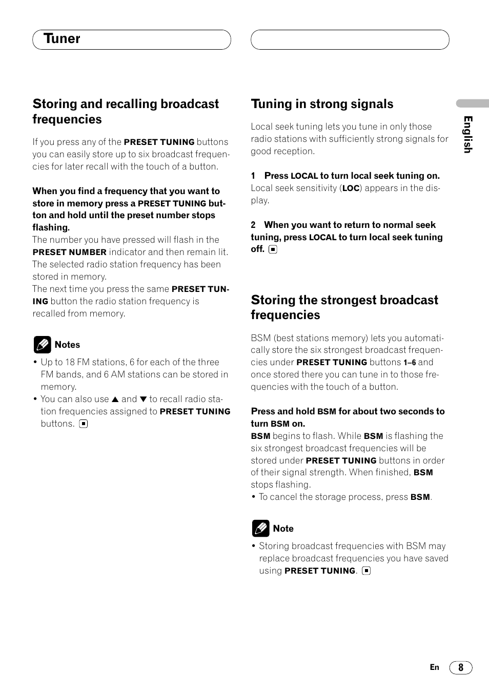 Storing and recalling broadcast, Frequencies 8, Tuner | Storing and recalling broadcast frequencies, Tuning in strong signals, Storing the strongest broadcast frequencies | Pioneer KEH-P4025 User Manual | Page 9 / 41