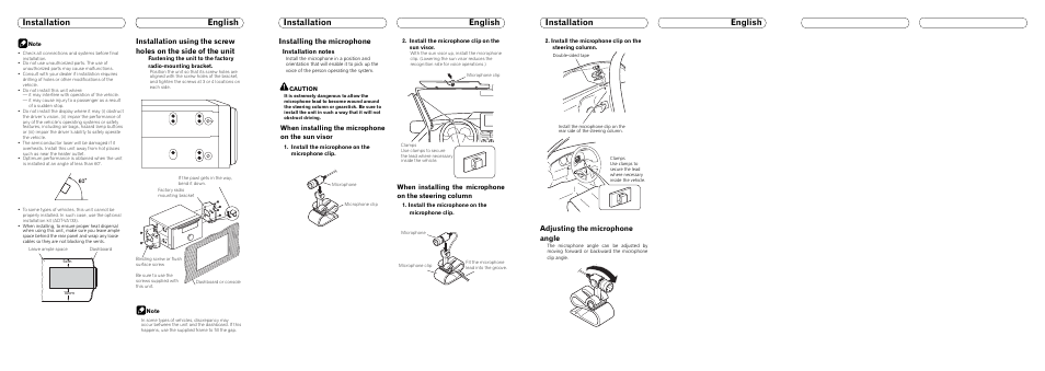 Installation english installation english, Installation english, Adjusting the microphone angle | Installing the microphone, When installing the microphone on the sun visor | Pioneer FH-P8000BT User Manual | Page 5 / 7