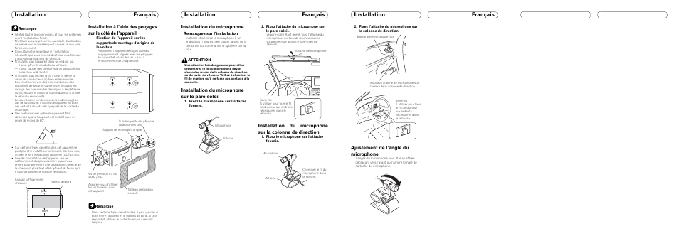 Ajustement de l’angle du microphone, Installation du microphone, Installation du microphone sur le pare-soleil | Remarques sur l’installation | Pioneer FH-P8000BT User Manual | Page 6 / 7