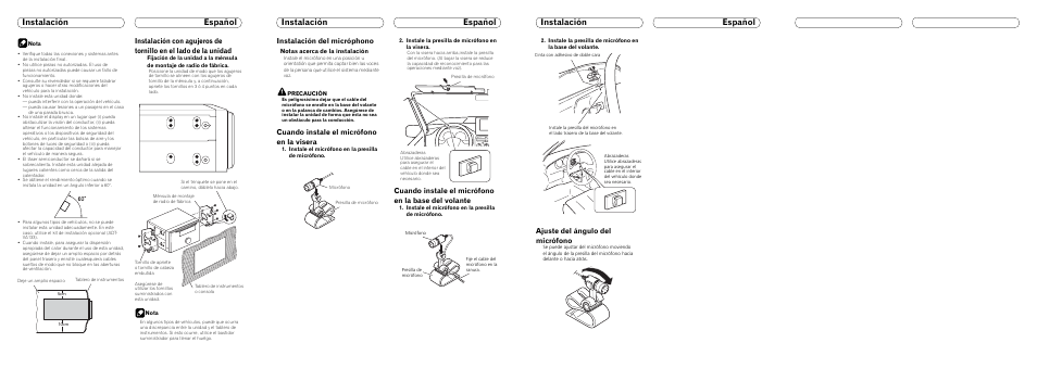 Ajuste del ángulo del micrófono, Instalación del micróphono, Cuando instale el micrófono en la visera | Cuando instale el micrófono en la base del volante, Notas acerca de la instalación | Pioneer FH-P8000BT User Manual | Page 7 / 7