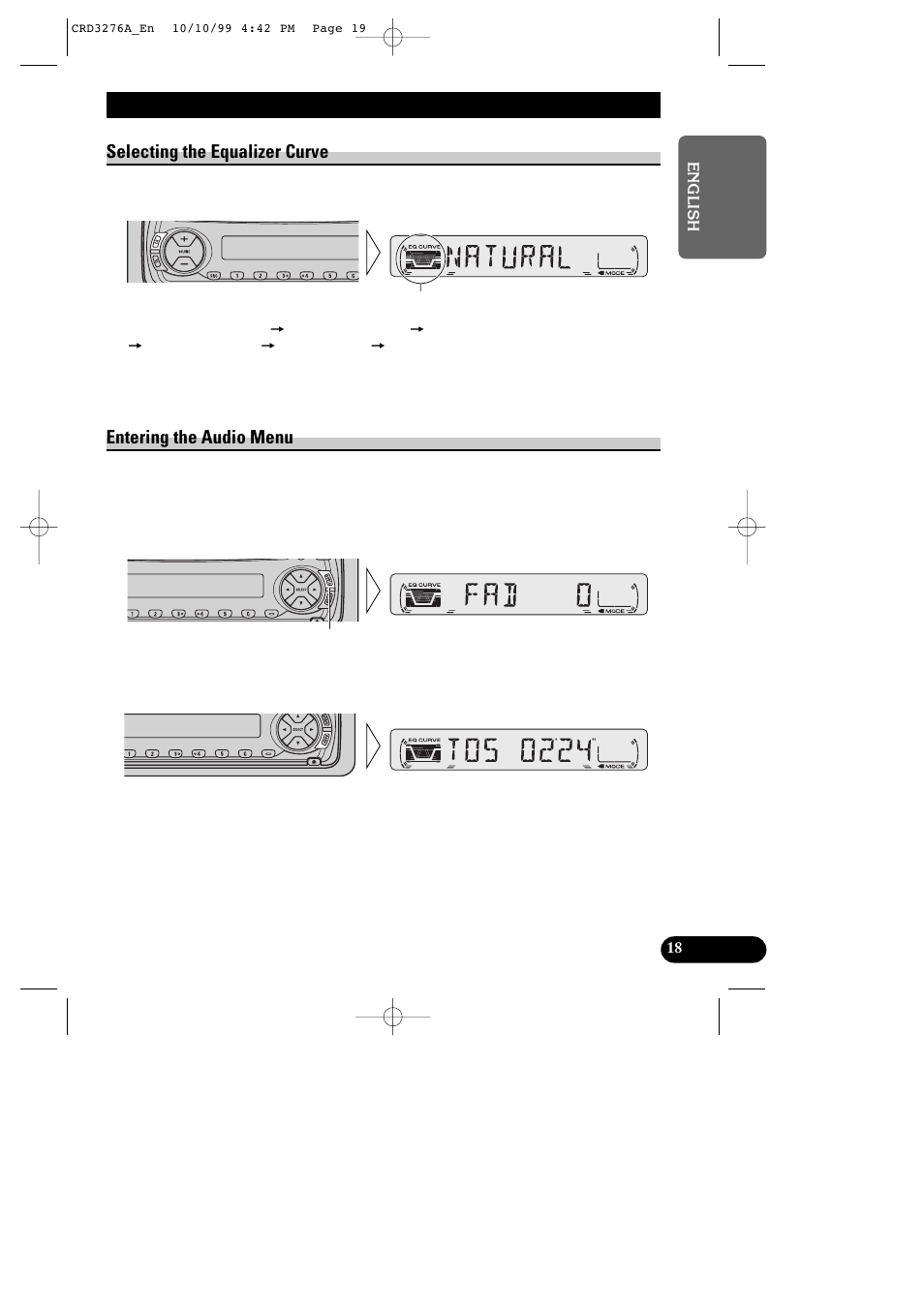 Audio adjustment, 19 selecting the equalizer curve, Entering the audio menu | Pioneer DEH-1330R User Manual | Page 19 / 30