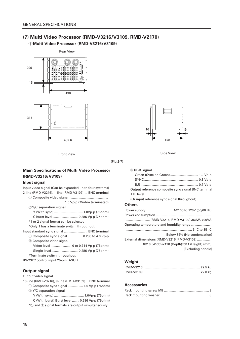 General specifications, Output signal, Others | Weight, Accessories | Pioneer RM-V4000V User Manual | Page 19 / 136