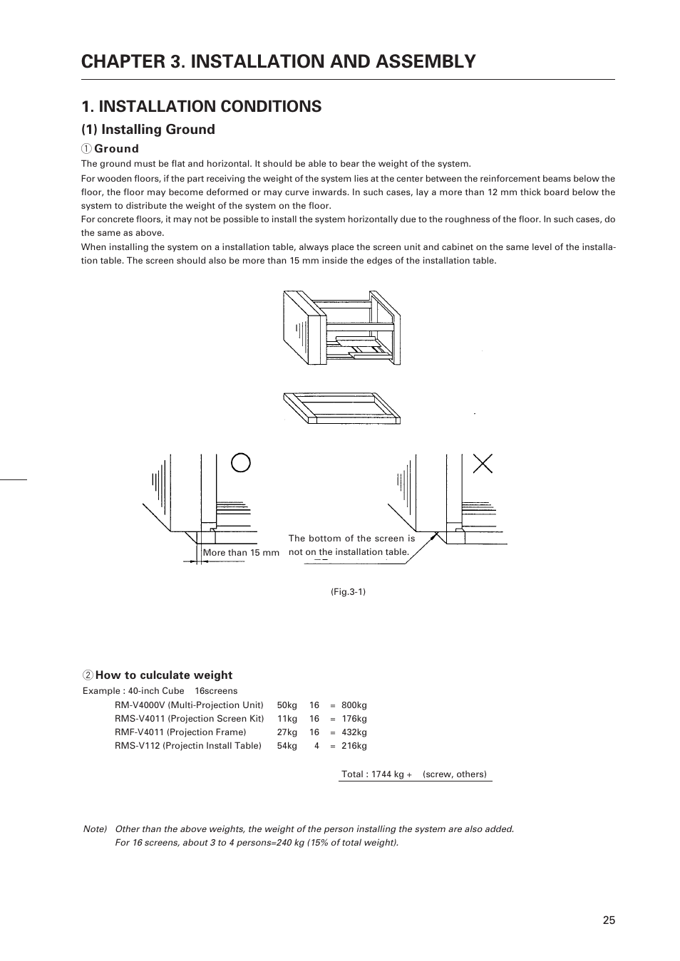 Chapter 3. installation and assembly, Installation conditions, 1) installing ground | Pioneer RM-V4000V User Manual | Page 26 / 136