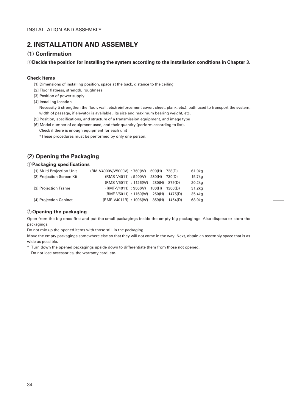 Installation and assembly, 1) confirmation, 2) opening the packaging | Pioneer RM-V4000V User Manual | Page 35 / 136