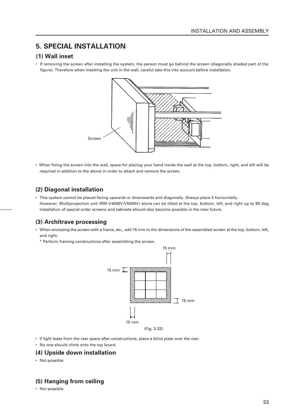 Special installation, 1) wall inset, 4) upside down installation | 5) hanging from ceiling, 3) architrave processing, 2) diagonal installation | Pioneer RM-V4000V User Manual | Page 54 / 136