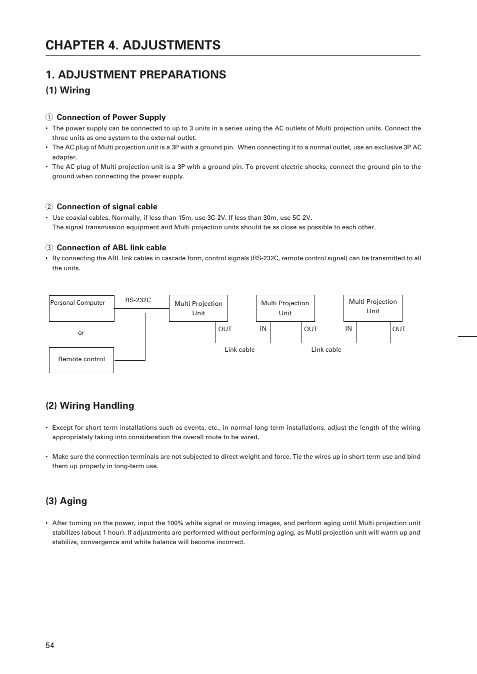 Chapter 4. adjustments, Adjustment preparations, 1) wiring | 2) wiring handling, 3) aging | Pioneer RM-V4000V User Manual | Page 55 / 136