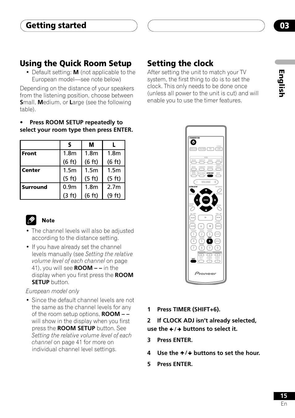 Using the quick room setup setting the clock, Getting started 03, Using the quick room setup | Setting the clock, English, Buttons to select it. 3 press enter. 4 use the, Buttons to set the hour. 5 press enter, Front center surround | Pioneer S-DV303 User Manual | Page 15 / 76