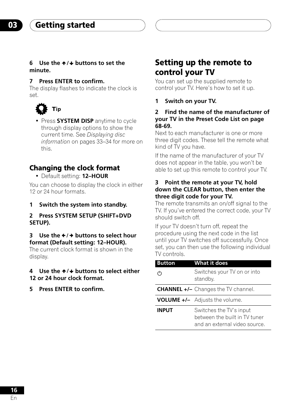 Changing the clock format, Setting up the remote to control your tv, Getting started 03 | Pioneer S-DV303 User Manual | Page 16 / 76