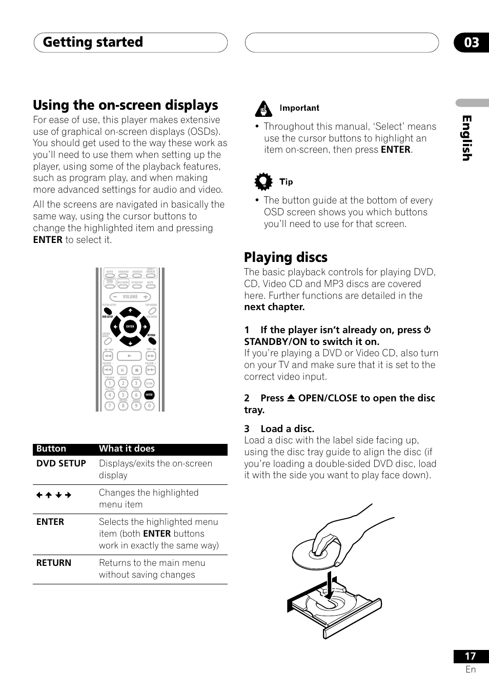 Using the on-screen displays playing discs, Getting started 03, Playing discs | Using the on-screen displays, English | Pioneer S-DV303 User Manual | Page 17 / 76