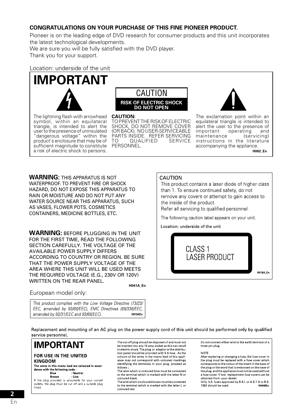 Important, Caution | Pioneer S-DV303 User Manual | Page 2 / 76