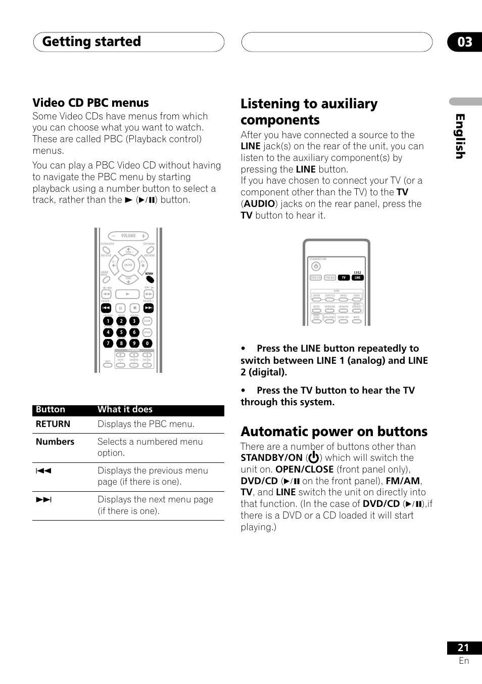 Video cd pbc menus, Getting started 03, Listening to auxiliary components | Automatic power on buttons, English video cd pbc menus | Pioneer S-DV303 User Manual | Page 21 / 76