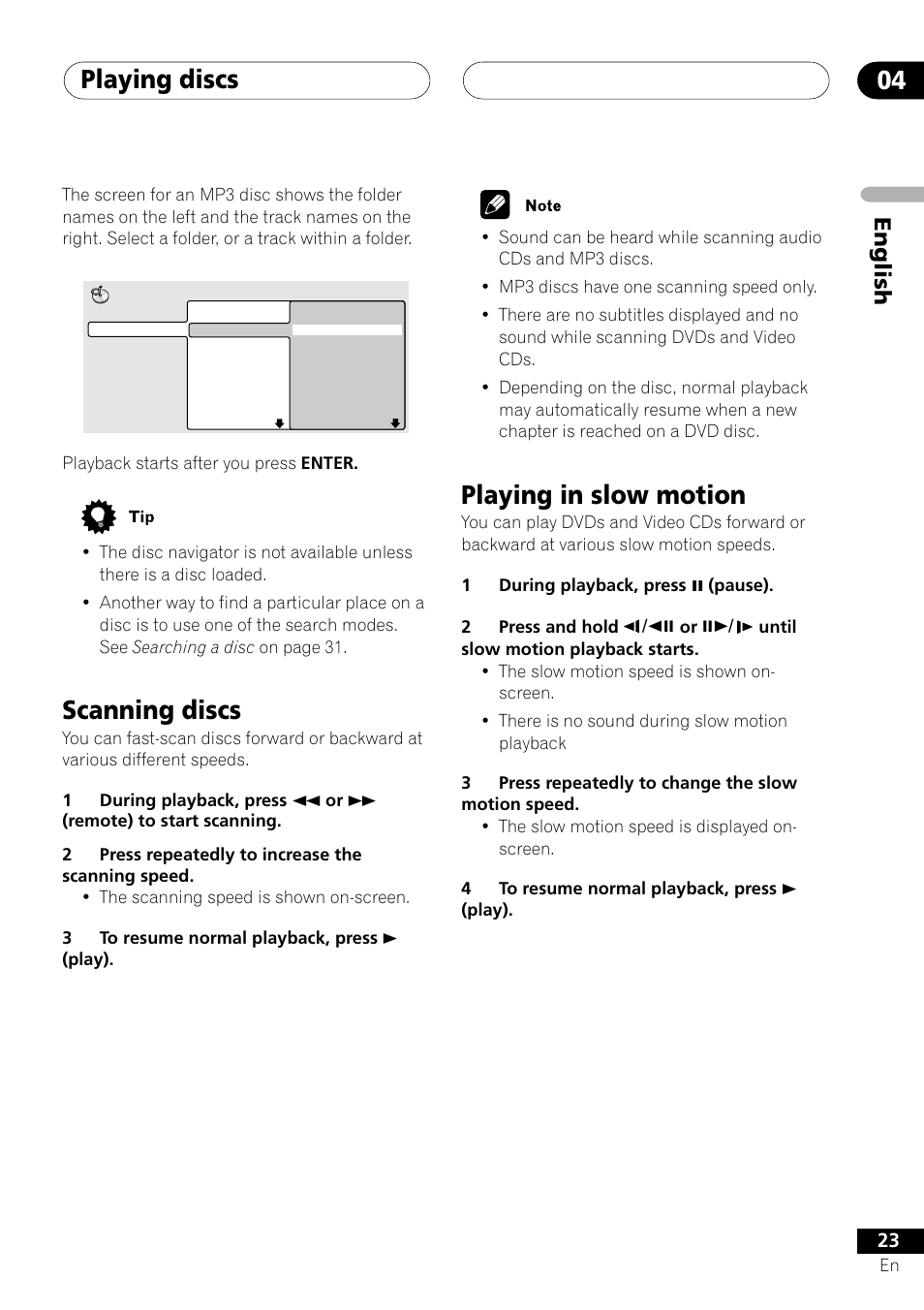 Scanning discs playing in slow motion, Playing discs 04, Scanning discs | Playing in slow motion, English | Pioneer S-DV303 User Manual | Page 23 / 76