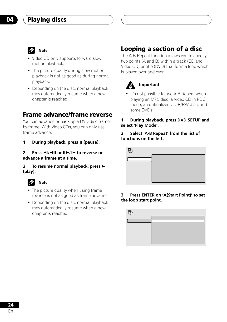 Playing discs 04, Frame advance/frame reverse | Pioneer S-DV303 User Manual | Page 24 / 76
