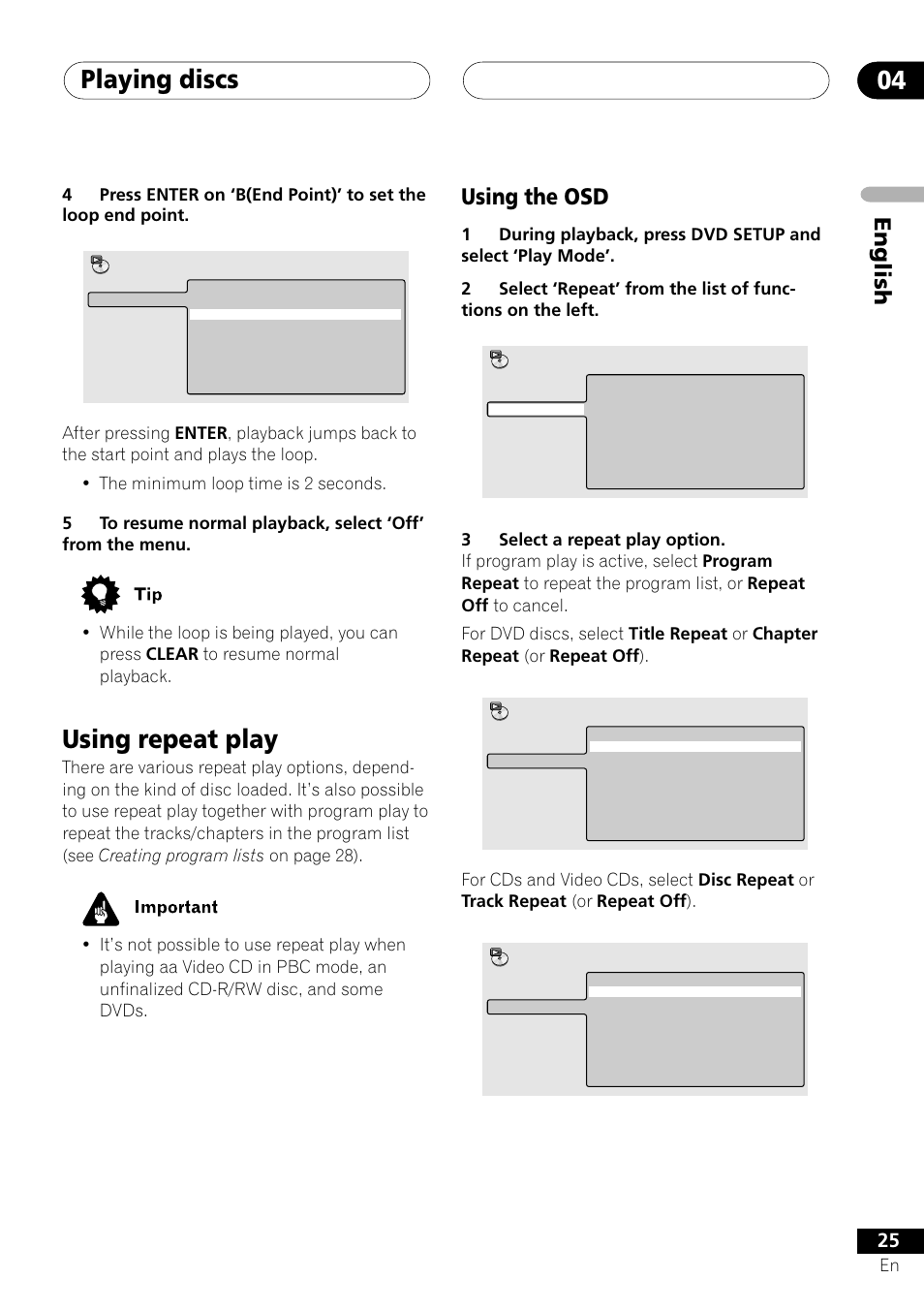 Using repeat play, Using the osd, Playing discs 04 | English | Pioneer S-DV303 User Manual | Page 25 / 76