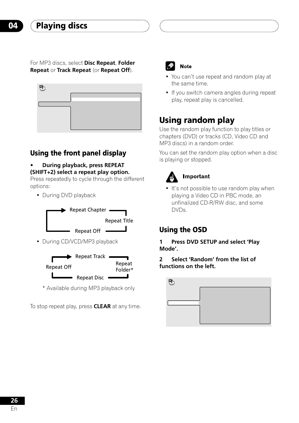 Using the front panel display, Using random play, Using the osd | Playing discs 04 | Pioneer S-DV303 User Manual | Page 26 / 76