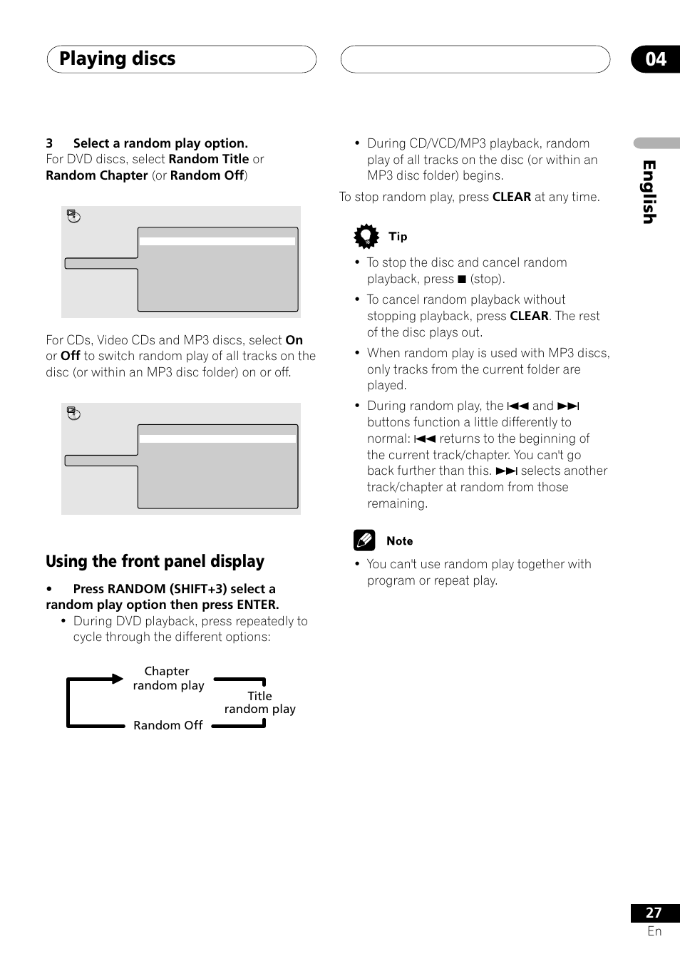 Using the front panel display, Playing discs 04, English | Pioneer S-DV303 User Manual | Page 27 / 76