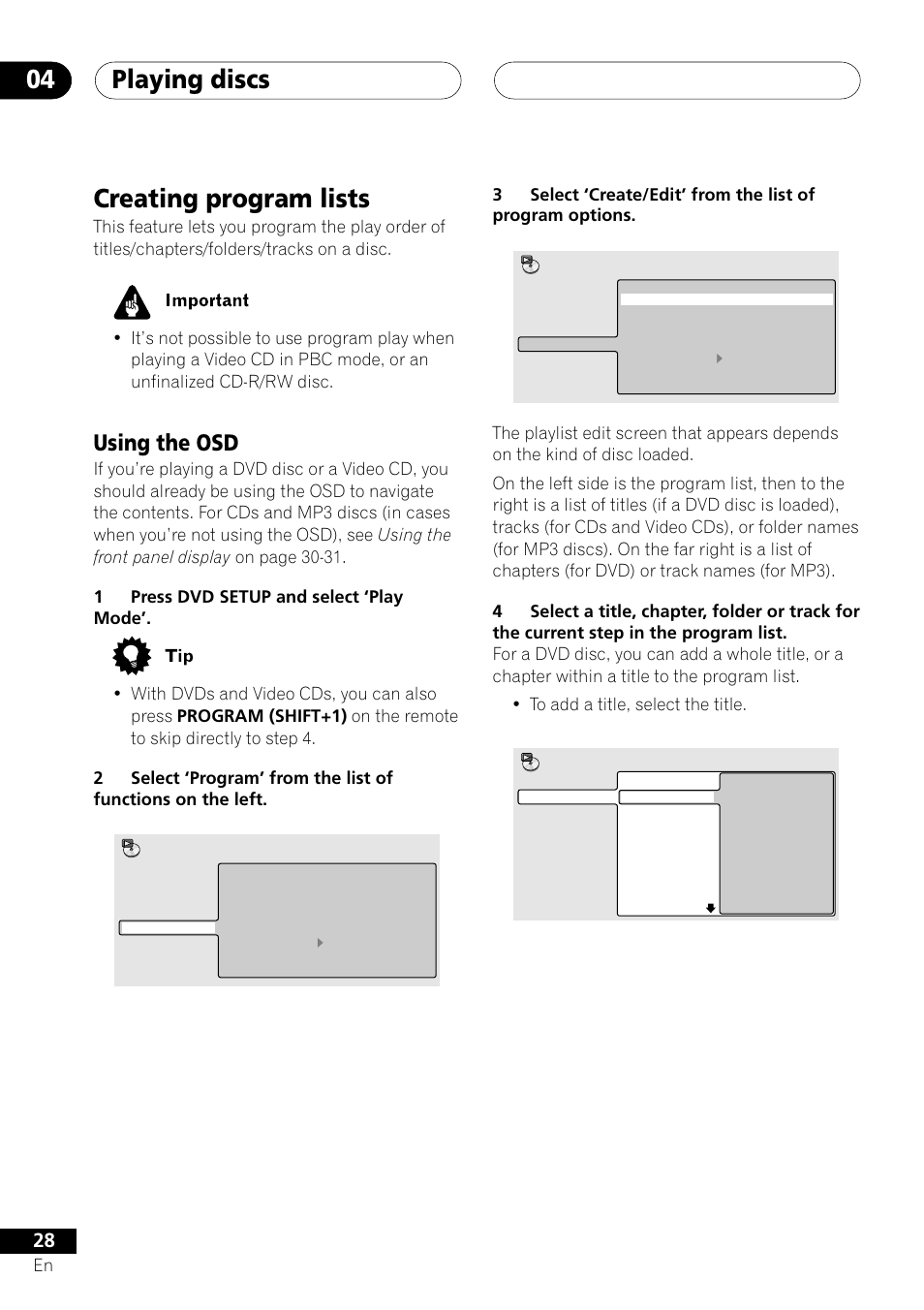 Creating program lists, Using the osd, Playing discs 04 | Pioneer S-DV303 User Manual | Page 28 / 76