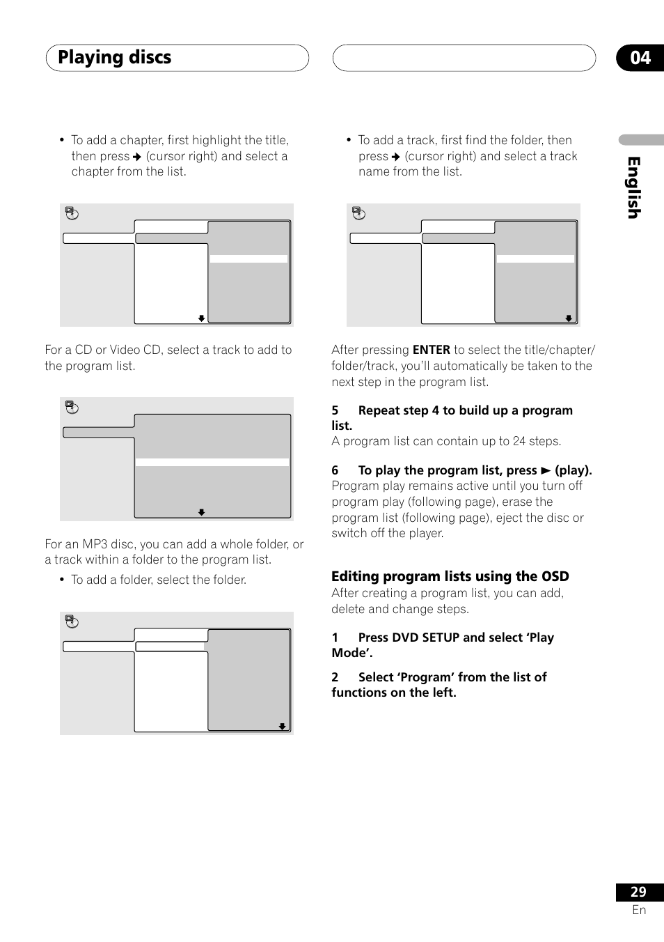 Editing program lists using the osd, Playing discs 04, English | Pioneer S-DV303 User Manual | Page 29 / 76