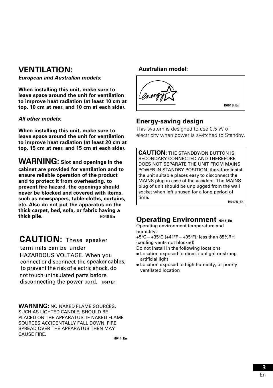 Ventilation, Warning, Operating environment | Energy-saving design | Pioneer S-DV303 User Manual | Page 3 / 76