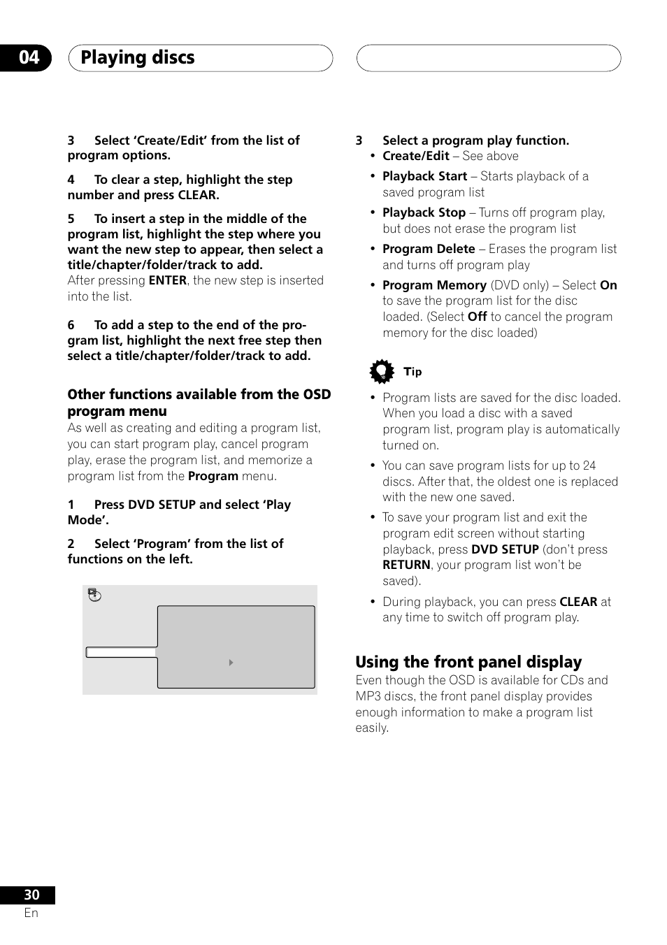 Using the front panel display, Playing discs 04 | Pioneer S-DV303 User Manual | Page 30 / 76