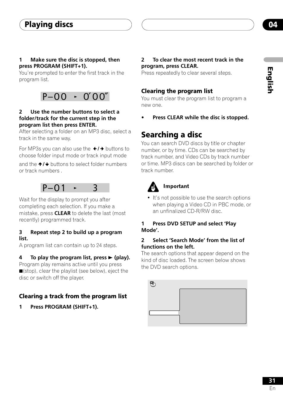 Searching a disc, P – o o, O o o | P – o 1, Playing discs 04, English | Pioneer S-DV303 User Manual | Page 31 / 76