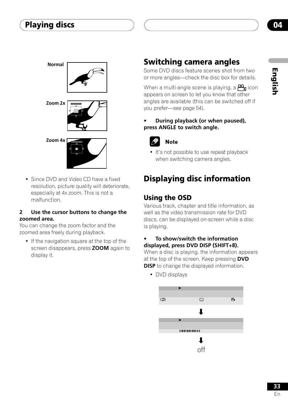 Using the osd, Playing discs 04, Switching camera angles | Displaying disc information, English | Pioneer S-DV303 User Manual | Page 33 / 76
