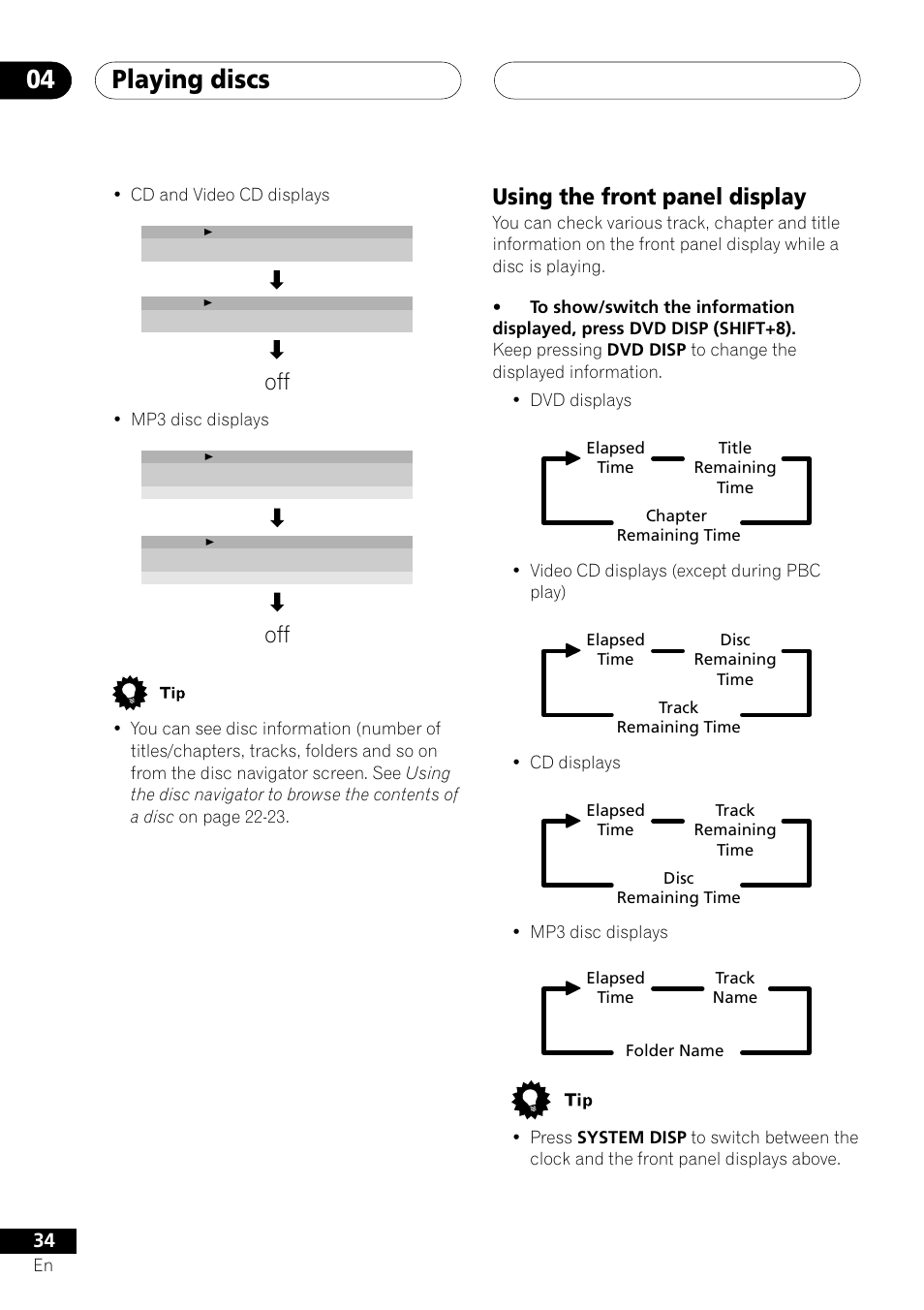 Using the front panel display, Playing discs 04, En • cd and video cd displays | Mp3 disc displays, Video cd displays (except during pbc play), Cd displays, Elapsed time folder name track name | Pioneer S-DV303 User Manual | Page 34 / 76